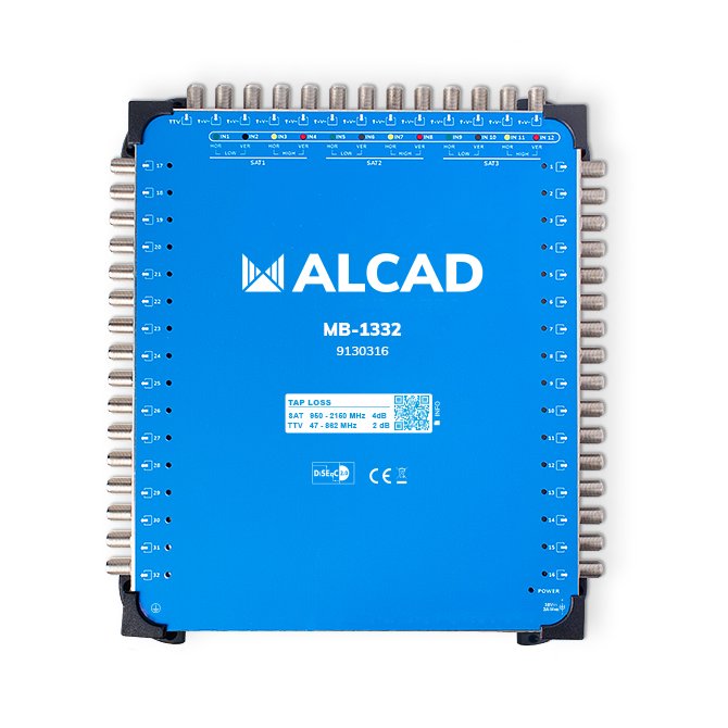 MB-1332 · Multiconmutador final 13x32, 12 polaridades y TV con 32 salidas, DiSEqC 2.0, banda terrestre activa, incluye alimentador