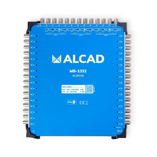 [9130316] MB-1332 · Multiconmutador final 13x32, 12 polaridades y TV con 32 salidas, DiSEqC 2.0, banda terrestre activa, incluye alimentador