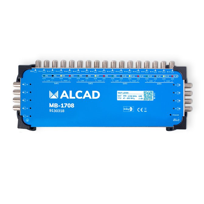 MB-1708 · Multiconmutador final 17x8, 16 polaridades y TV con 8 salidas, DiSEqC 2.0, banda terrestre activa, incluye alimentador E