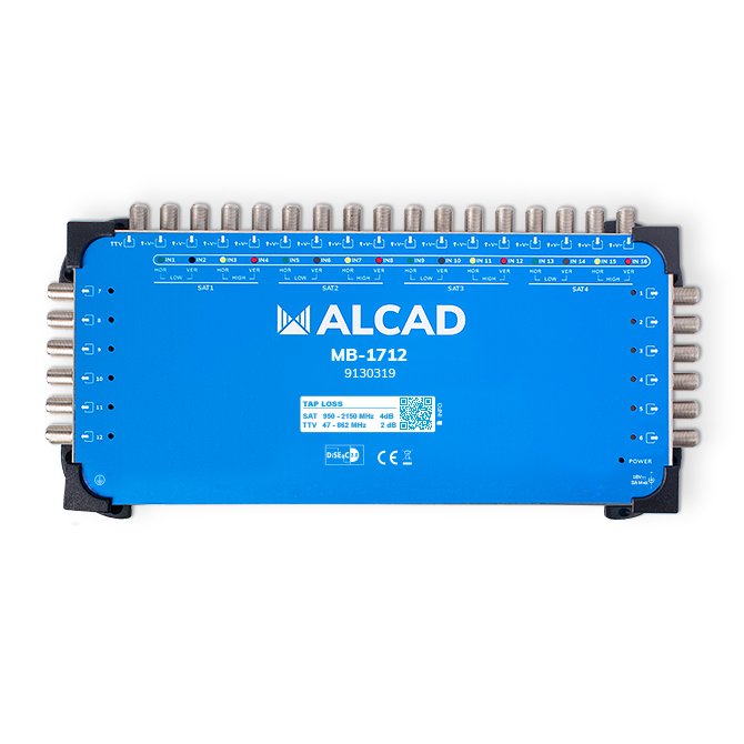 MB-1712 · Multiconmutador final 17x12, 16 polaridades y TV con 12 salidas, DiSEqC 2.0, banda terrestre activa, incluye alimentador