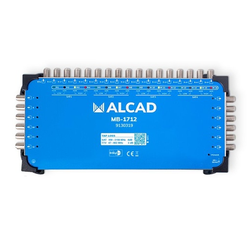[9130319] MB-1712 · Multiconmutador final 17x12, 16 polaridades y TV con 12 salidas, DiSEqC 2.0, banda terrestre activa, incluye alimentador