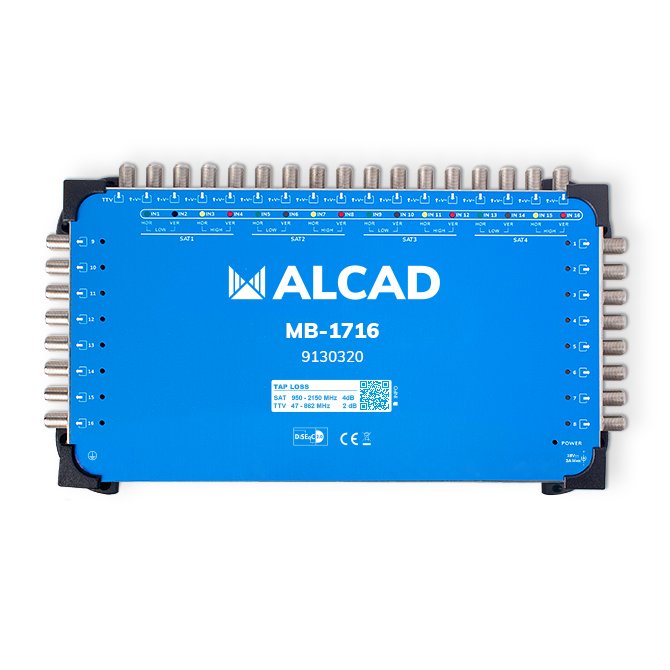 MB-1716 · Multiconmutador final 17x16, 16 polaridades y TV con 16 salidas, DiSEqC 2.0, banda terrestre activa, incluye alimentador