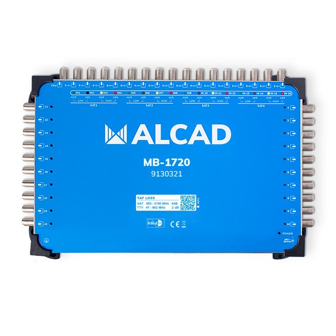 MB-1720 · Multiconmutador final 17x20, 16 polaridades y TV con 20 salidas, DiSEqC 2.0, banda terrestre activa, incluye alimentador