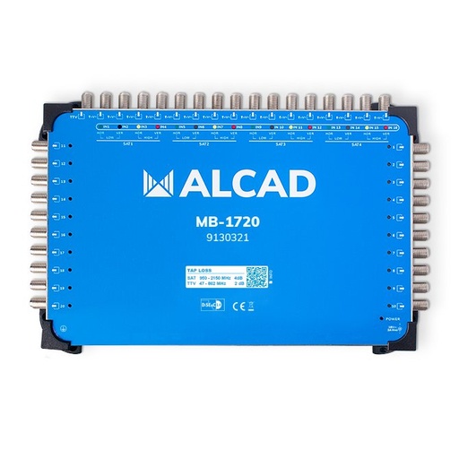 [9130321] MB-1720 · Multiconmutador final 17x20, 16 polaridades y TV con 20 salidas, DiSEqC 2.0, banda terrestre activa, incluye alimentador
