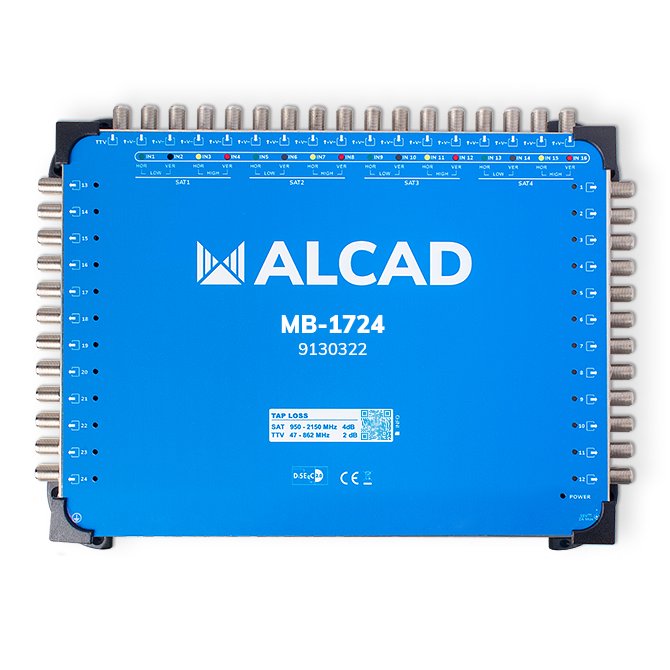 MB-1724 · Multiconmutador final 17x24, 16 polaridades y TV con 24 salidas, DiSEqC 2.0, banda terrestre activa, incluye alimentador