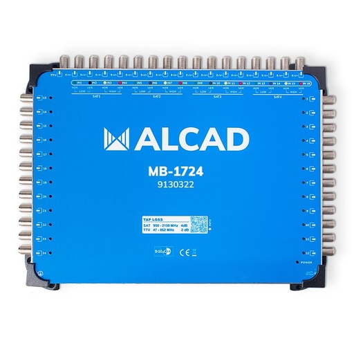 [9130322] MB-1724 · Multiconmutador final 17x24, 16 polaridades y TV con 24 salidas, DiSEqC 2.0, banda terrestre activa, incluye alimentador