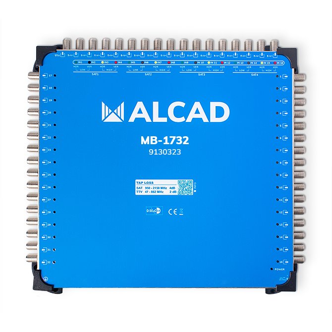 MB-1732 · Multiconmutador final 17x32 16 polaridades y TV con 32 salidas, DiSEqC 2.0, banda terrestre activa, incluye alimentador 