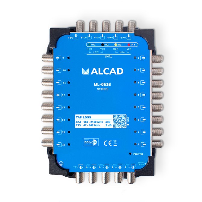 ML-0516 · Multiconmutador cascadable 5x16, 4 polaridades y TV con 16 salidas, banda terrestre activa