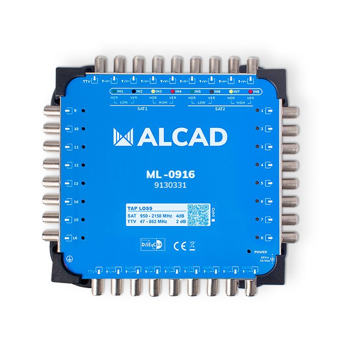 ML-0916 · Multiconmutador cascadable 9x16, 8 polaridades y TV con 16 salidas, DiSEqC 2.0, banda terrestre activa
