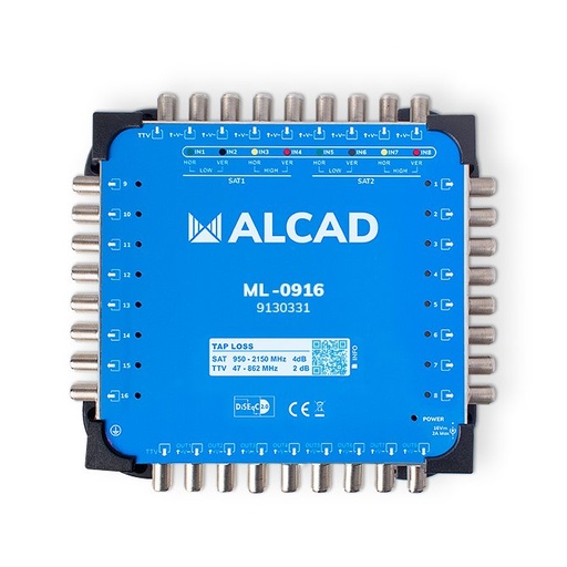 [9130331] ML-0916 · Multiconmutador cascadable 9x16, 8 polaridades y TV con 16 salidas, DiSEqC 2.0, banda terrestre activa