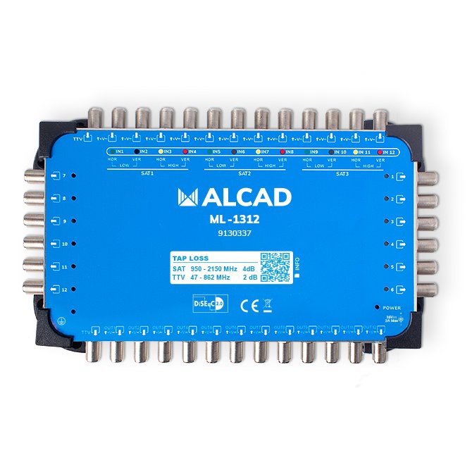 ML-1312 · Multiconmutador cascadable 13x12, 12 polaridades y TV con 12 salidas, DiSEqC 2.0, banda terrestre activa