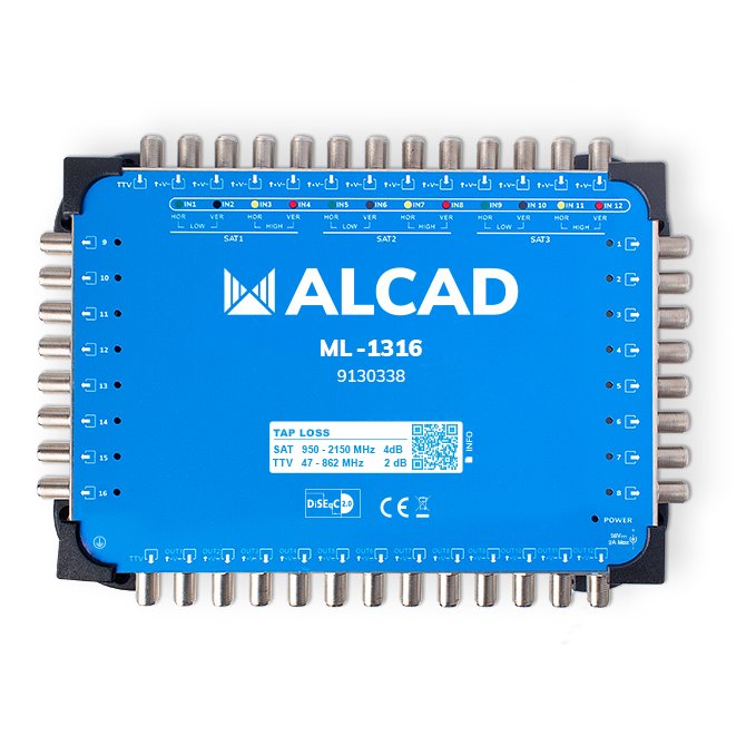 ML-1316 · Multiconmutador cascadable 13x16, 12 polaridades y TV con 16 salidas, DiSEqC 2.0, banda terrestre activa