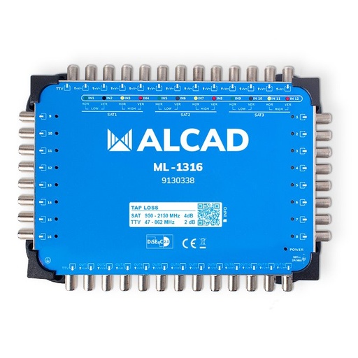 [9130338] ML-1316 · Multiconmutador cascadable 13x16, 12 polaridades y TV con 16 salidas, DiSEqC 2.0, banda terrestre activa