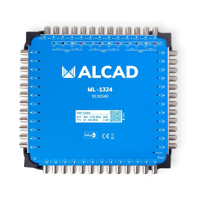 ML-1324 · Multiconmutador cascadable 13x24, 12 polaridades y TV con 24 salidas, DiSEqC 2.0, banda terrestre activa