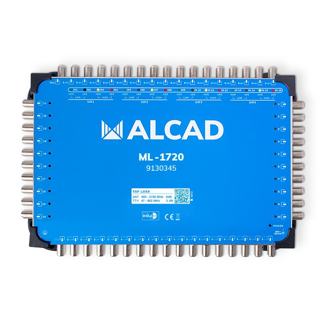 ML-1720 · Multiconmutador cascadable 17x20, 16 polaridades y TV con 20 salidas, DiSEqC 2.0, banda terrestre activa