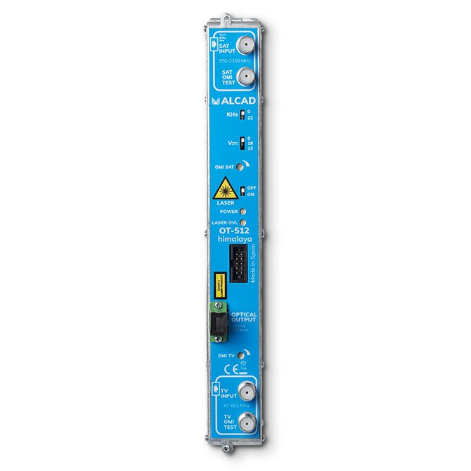 OT-512 · Transmisor óptico TV-SAT (40-2150 MHz) de 10 mW 1310 nm para fibra óptica monomodo, alimentación LNB (13V/18V + 0/22KHz)