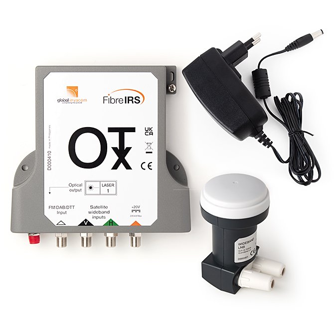 OT-622 · Kit transmisor óptico TV-SAT de 7 dBm 1310 nm y LNB wideband, para fibra óptica monomodo