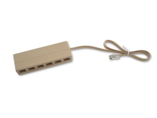 TPS-006 · Multiplexor pasivo con 6 salidas RJ45 y latiguillo de entrada RJ45 de 500 mm, 120 x 40 x 25 mm