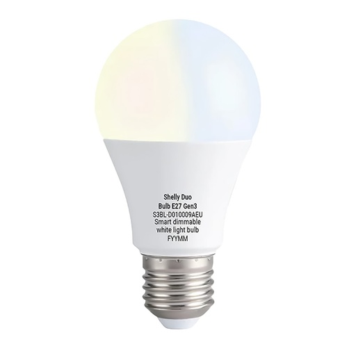 [SH-CCT-BULB-E27-GEN3] Shelly Duo Bulb E27 Gen3 - Regulación de intensidad lumínica sin parpadeos - Ajuste de temperatura de blanco cálido a frío - Conectividad Wi-Fi y Bluetooth nativa integrada - Soporta AC 110-240V / 800 Lúmenes - Compatible con Apple Homekit / Alexa y Google