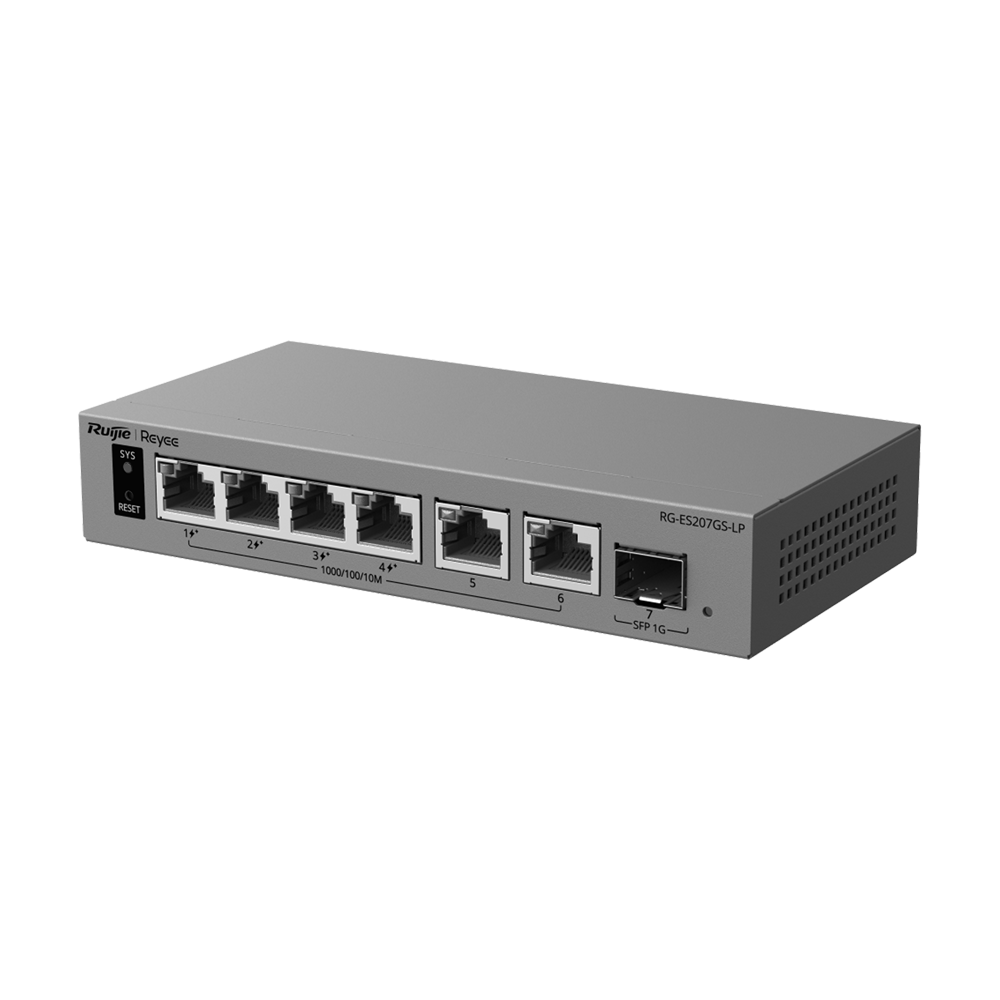 RG-ES207GS-LP - Switch PoE+ Cloud gestionable L2 - 6 Gigabit + 1 SFP — 4 PoE+ 40 W