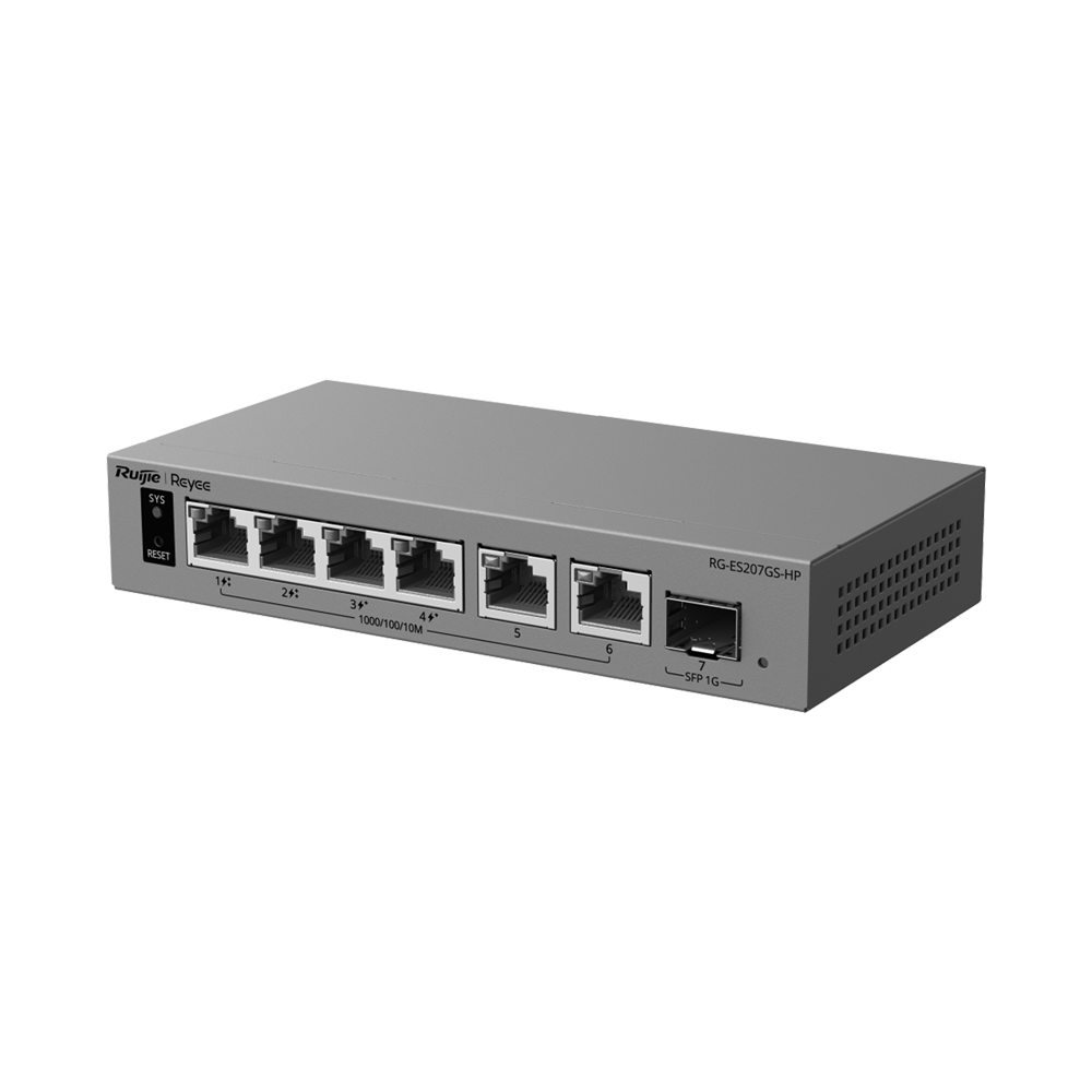 RG-ES207GS-HP - Switch PoE++ Cloud gestionable L2 - 6 Gigabit + 1 SFP — 2 PoE++ 802.3bt, 120 W